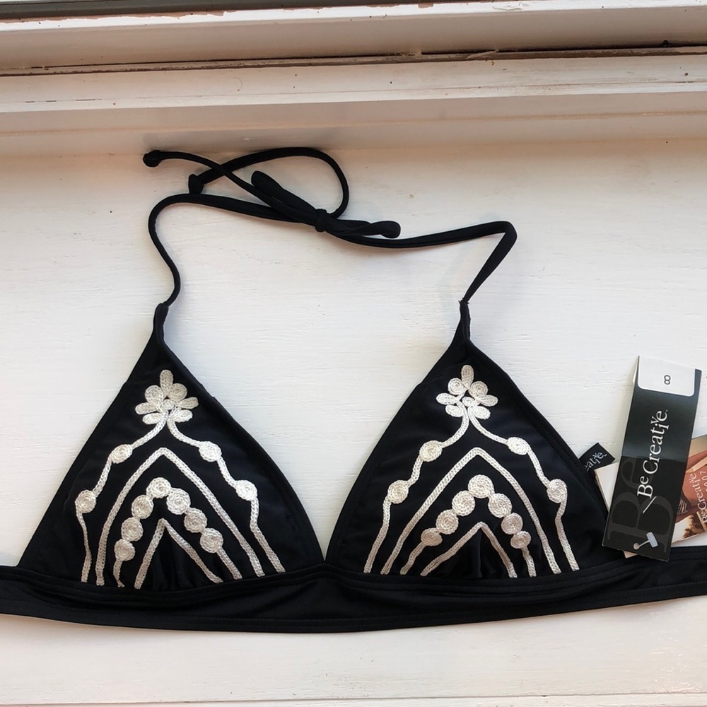 Be Creative Black Triangle Bikini Top with Silver Embroidery